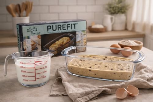 Image of PUREFIT Glass Measuring Cup 350ml & Loaf Pan 1800ml Set | Borosilicate Glass | Microwave, Oven, & Dishwasher Safe | Non-Toxic, Easy to Clean | Ideal for Cooking and Baking