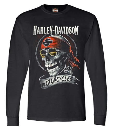 Harley-Davidson Men's Distressed Shady Skull Crew-Neck Long Sleeve Shirt - Black