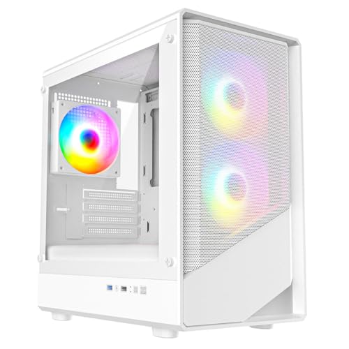 CiT Level 5 White Gaming PC Case – Micro-ATX Computer Case - Mesh Front & Tempered Glass Side Panels - 3 x 120mm ARGB Fans and 6-Port PWM Fan Hub Included - AIO Support - USB 3.0, USB 2.0 - Audio/Mic