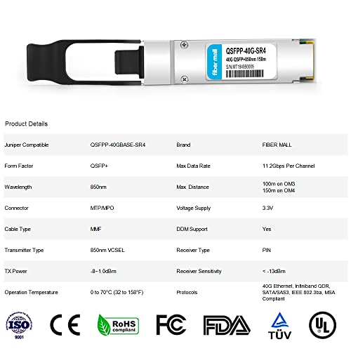 Image of Fiber Mall 40G-QSFP-SR4-Ju 40Gb /s QSFP+ Optical Transceiver Module, 4 Channels, 150m, MTP /MPO, Black, Automatic, IP00, Ethernet, Metal, Rack Mount