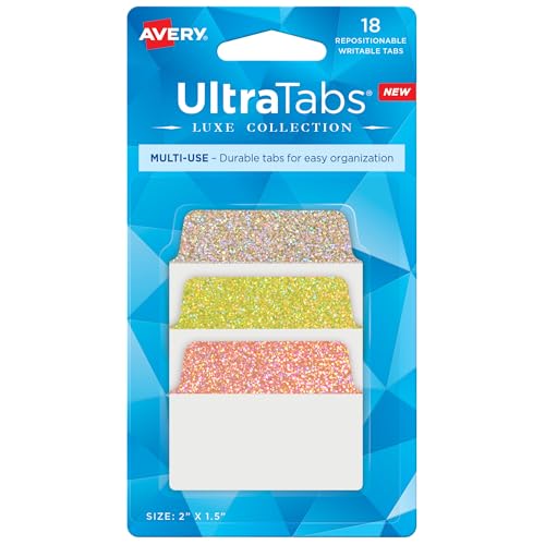 Image of Avery Ultra Tabs, 2 inch x 1.5 inch, Sunset Sparkle, 18 Tabs | For Marking Pages in Books and Planners, Repositionable Adhesive, Two-Side Writable, Smudge-Free Clear Tabs