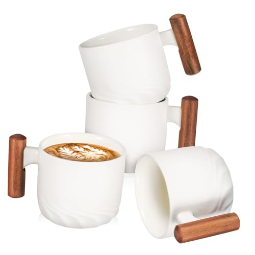Alipis 4 pièces Set de Tasses Espresso Porcelaine Blanche avec Poignée Bois Mugs Café Céramique Mini pour Thé et Chocolat Chaud Design Minimaliste Confortable