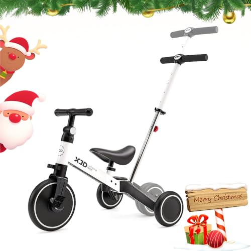 XJD 4 en 1 Triciclo Evolutivo de Bebé, Triciclo para Niños de 1-3 años, Triciclo a Bicicleta con o sin Pedales, Triciclo Bebé con Asiento Ajustables, Transformable (con Varilla de Empuje,Blanco)
