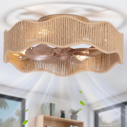 SHLUCE 18 Boho Fandelier Ceiling Fan with Light Flush Mount Caged Low Profile Ceiling Fan with Light Small Rattan Bladeless Ceiling Fans with Lights and Remote Control for Bedroom Nursery - ETL