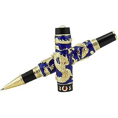 Jinhao Double Dragon Rollerball Pen Blue Cloisonne Enamel Handcraft for Signature and Collection