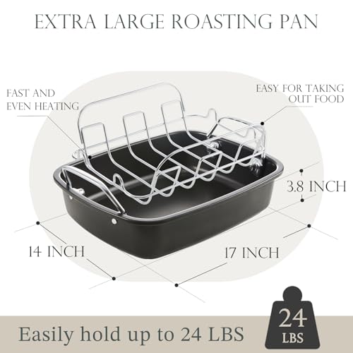 KITESSENSU Nonstick Turkey Roasting Pan with Rack 17 x 14 inch - Large Chicken Roaster Pan for Oven - Wider Handles & Heavy Duty Construction - Suitable for 24lb Turkey, Gray