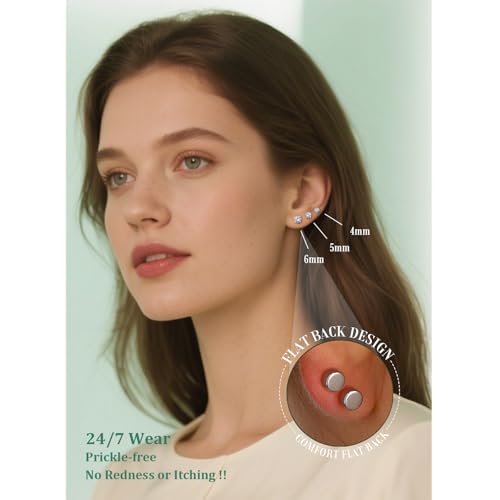 7 Pairs Hypoallergenic Stud Earrings Stacks Set for Women Men,Silver 20G 14K Gold Plated Surgical Steel Flat Back Earrings for Sensitive Ears,Shine Cubic Zirconia 2-8mm For Multiple Piercing3