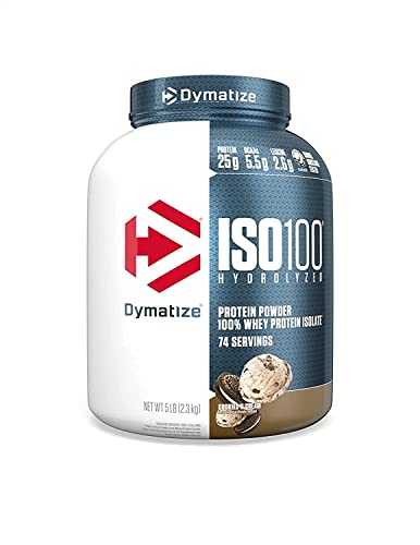 Dymatize ISO100 Hydrolyzed Protein Powder, 100% Whey Isolate Protein, 25g of Protein, 5.5g BCAAs, Gluten Free, Fast Absorbing, Easy Digesting, Cookies and Cream, 5 Pound
