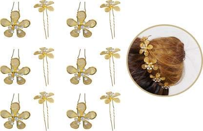 Drishti Hair Bun Pin Fancy Juda Pins with crystal rhinestone for Women and Girls 1 box Set of 12 Pin Golden Flower 2
