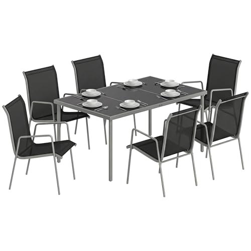 Outsunny Conjunto de Mesa y Sillas Jardín de 7 Piezas, Muebles Jardín Exterior con Mesa de Vidrio Templado, 6 Sillas Apilables Transpirables, Marco de Metal Resistente a la Intemperie, Negro y Plata