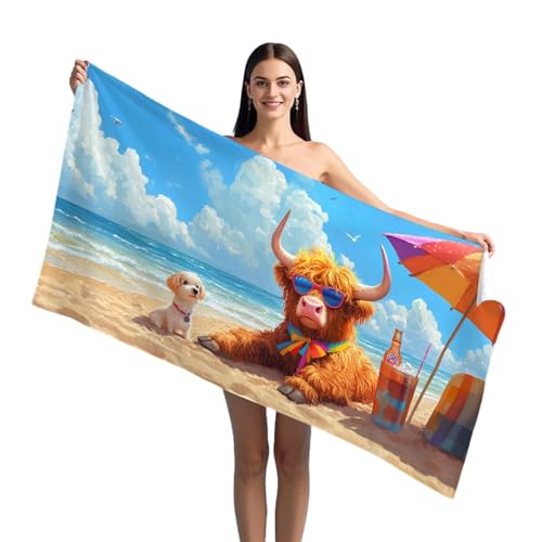 LXTOPN Highland Cow Beach Towel 90x180cm Large Bath Towel Microfibre Lightweight Towels for Adults, Sand Free & Quick Dry Beach Mat