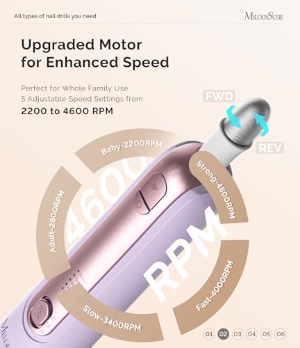 MelodySusie Cordless Pedicure & Manicure Nail Drill Kit, PC760G for Salon-Quality Foot Care for Home & Travel, Rechargeable with 5 Speeds, 8-in-1 Bits, 360° LED Light & Anti-Dust Shield, Purple — view 3