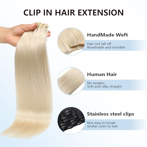 Image of COOKAYU Real Human Hair Clip in Hair Extensions, Remy Hair Clip in Hair Extensions, Platinum Blonde Hair Thick Silky Straight Real Human Hair, 14inch 120g 7Pcs
