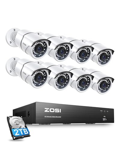 ZOSI 5MP PoE Surveillance Camera Kit 8CH H.265+ NVR Video Surveillance System with 8pcs Outdoor Camera, Night Vision, Motion Alarm, 2TB HDD Included