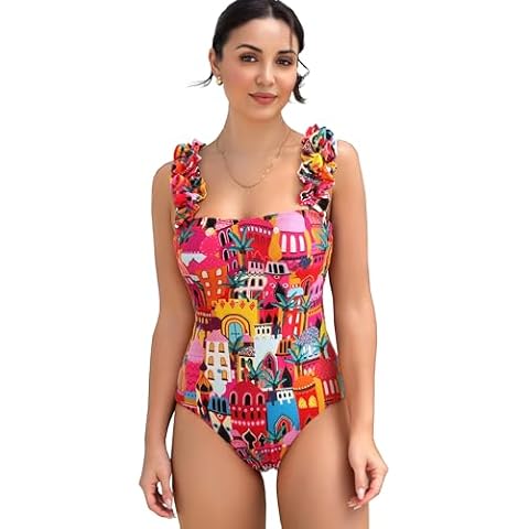 SPORLIKE One Piece Swimsuit Women Ruffle Adjustable Straps Bathing Suit Padded Swimwear(Castle,Large) Cover
