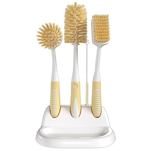 Image of Dish Brush Set of 5 with Holder - Kitchen Scrub Brushes with Non-Slip Long Handle for Cleaning, Scrubber, Dishwashing, Dishes, Bottles, Straws, Cups, Pots & Sink, Baige