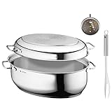 WMF Bräter mit Deckel backofengeeignet, 8,5l, Bräter Induktion, Cromargan Edelstahl, Induktionsdeckel, Bratenthermometer, Fleischgabel, 41x28,5x18cm