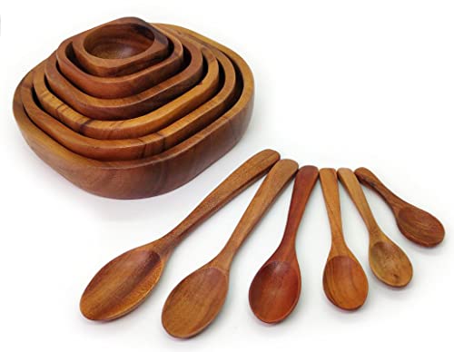 Tiny Acacia Wood Nesting Square Set 3 Serving Bowl 6¼”, 5½”, 4½” Small 3 Wooden Spoon Mix Size Stackable Little Dish For Snack, Nuts, Dip Sauce, Salsa, Small Salad Tableware Wooden Nest Mix Set Bowls #TOP6