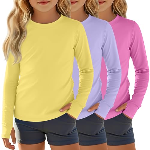 Image of 3 Pack Girls Rash Guard Swim Shirts 5-14Y UV Sun Protection Long Sleeve Thumb Hole Quick Dry T-Shirts UPF 50+ Tees