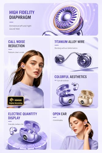 Image of S88 Open Ear Clip-On Earbuds with Battery Indicator Display OWS Wireless Earphones | Situational Awareness | 40 Hrs Playback | Bluetooth V5.4 | ENC Mic for Calls | 40Ms Low Latency Gam (Purple)