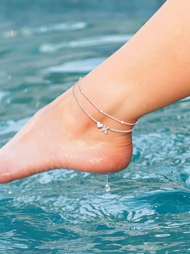Image of SILVERCUTE Silver Anklets for Women, Waterproof Initial Heart Ankle Bracelets Sterling Silver, Adjustable Layered Foot Jewelry Summer Beach Fashion with Personalized Name Design, Gift Package