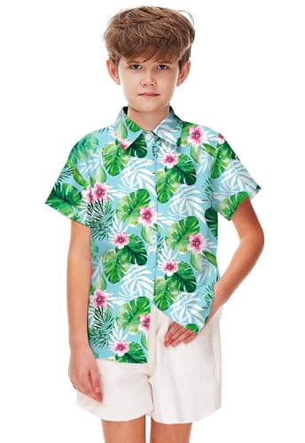 Image of Remimi Unisex Kids 4th of July Button Up Shirt Boys American Flag Print Hawaiian Beach Short Sleeve Tops 5-14 Years