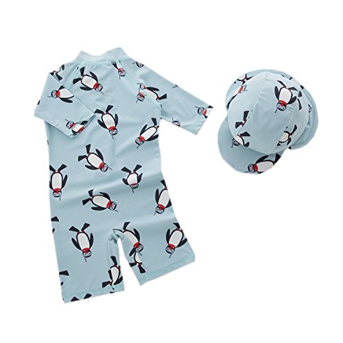 stylesilove Little Boys Cute Penguin One-Piece Rash Guard with Sun Hat 2 pcs Green Swimsuit Beach Swimwear (12-18 Months, 18_Months)