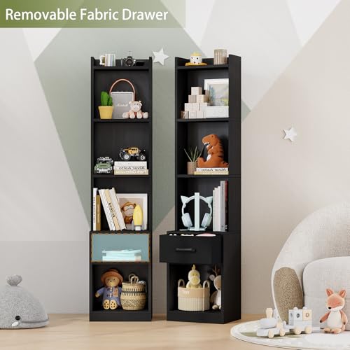 Image of Furologee 6 Tier Bookshelf with Drawer, Black 53 inch Tall Narrow Bookcase, Corner Open Cube Shelves, Industrial Wood Floor Standing Rack, Display Storage Shelf for Living Room, Bedroom, Office, Kitchen