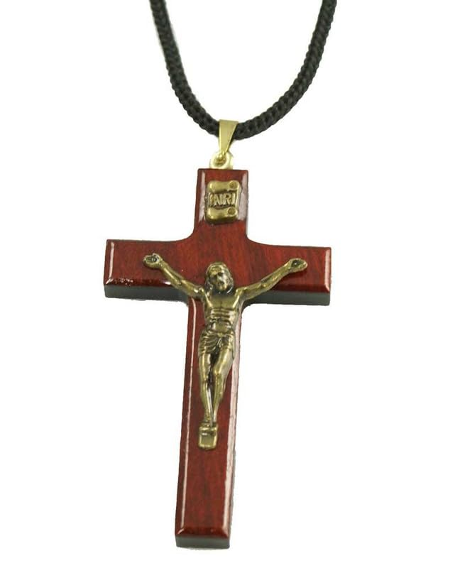 Catholica Shop Religious Wear Handcrafted Cherry Wood Corded Necklace Cross Pendant for Men and Women. Made in Brazil - 2.4 Inches