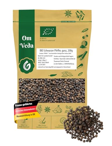 BIO Malabar Pfeffer Ganz 200g | Aromatische Pfefferkörner Naturrein | EU Öko Gewürz OmVeda...