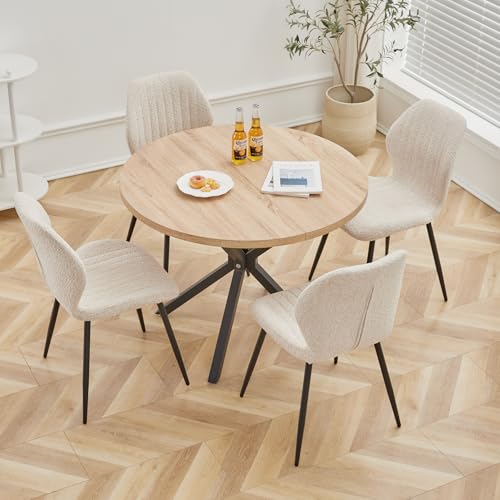 EGOONM Ensemble de Table à Manger avec 4 Chaises - Table Ronde 100 cm Plateau MDF avec 4 Chaises en Tissu Lin - Idéal Cuisine ou Salon (Naturel_Beige_St)