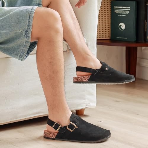 Men's Suede Clogs with Back Strap Adjustable Cork Footbed Leather Mules Clogs for Women Comfort Memory Foam Slingback Clog Sandal with Buckle Slip on Potato Shoes4