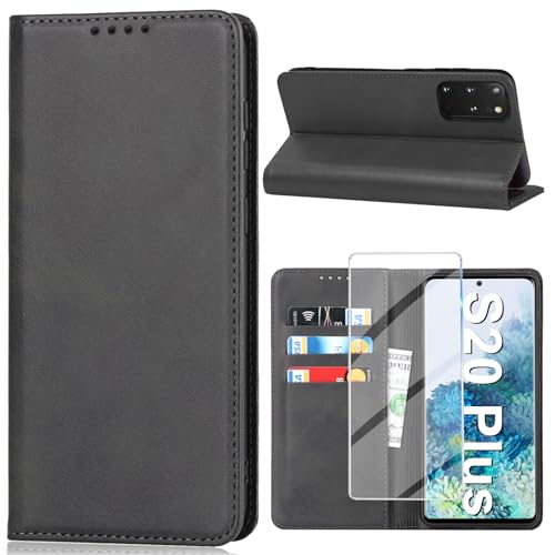 Handyhülle für Samsung Galaxy S20 Plus Hülle mit Schutzfolie Schutzhülle Galaxy S20 Plus PU Leder Wallet Kartenfach Ständer Klapphülle Lederhüllen Case für Samsung S20 Plus Tache Cover (Schwarz)