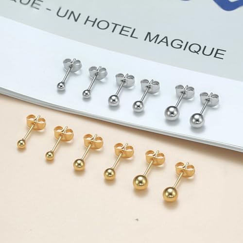 6 Pairs Surgical Steel & 14K Gold Plated Ball Stud Earrings Set, 3/4/5mm Hypoallergenic for Women & Men3