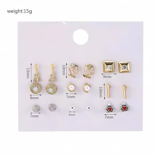 Image of Lishanti 9-Pair Gold Stud Earring Set for Women Assorted Dainty Designs with Arrows, Pearls, Crystals & Shapes - Lightweight Fashion Jewellery