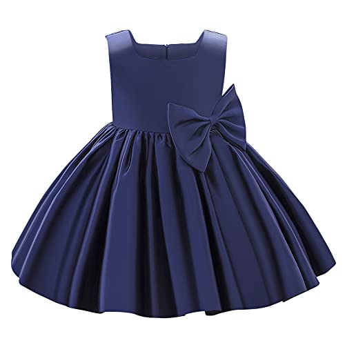 Robe de princesse bébé bleu foncé en satin noble avec grand nœud de cérémonie