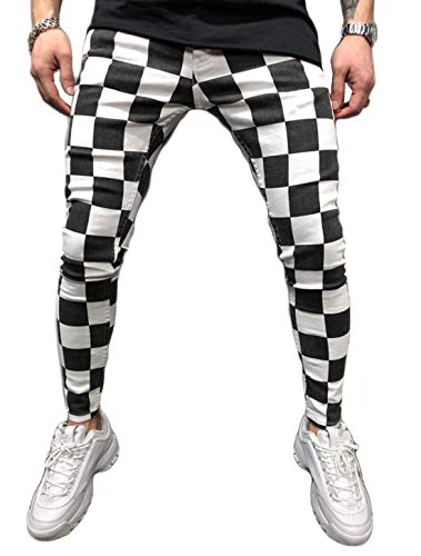 HUAZONG Hommes Pantalons décontractés à la Mode, Jeans Slim Fit à Carreaux/à Rayures pour Hommes, pour Printemps-été Automne-Hiver (XL (33-36W), Carreaux) Cover