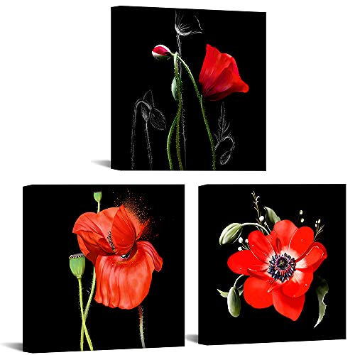 VANSEEING 3 Paneele, elegante Mohnblumen-Wandkunst, schwarz und rot, Kunstdruck, hübsches Blumenmuster, Wanddekoration, rote Blumen, Gemälde, Bild gespannt und gerahmt, 30.5 x 30.5 cm, 3 Stück Cover