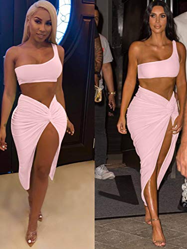 BEAGIMEG Women's Sexy One Shoulder Long Bodycon Slit Skirt 2 Pieces Dress Pink