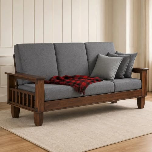 Image of Solid sheesham Wood Standard Sofa 3 Seater Furniture Wooden 3 Seater Sofa with Cushions