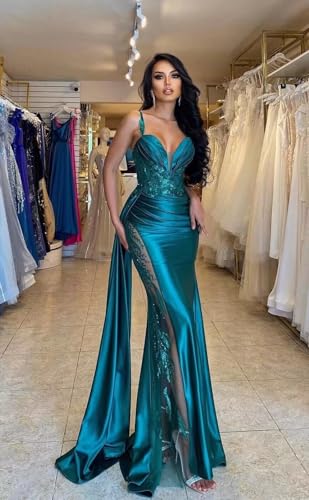 Satin Mermaid Prom Dresses for Women Long Lace Evening Gown with Slit Ruched Bodycon Corset Formal Dress2