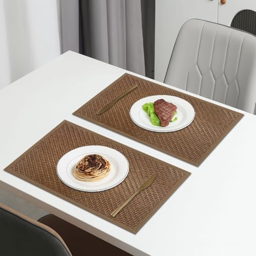 Image of Amazon Brand - Umi PVC Vinyl Basket Design Placemat STBT001 | Heat Resistant, Wipe Clean, Anti-Skid Table Mats for Dining Table, Kitchen & Home Decor (30x45 CM Brown Set of 2)