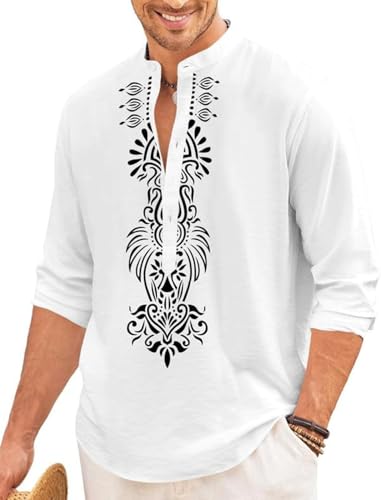 Image of FINIVO FASHION Men's Cotton Blend Short Kurta with Bold Printed Front Design | Full Sleeve Ethnic Casual Kurta with Mandarin Collar | Artistic Festival & Travel Wear for Modern Ethnic Style