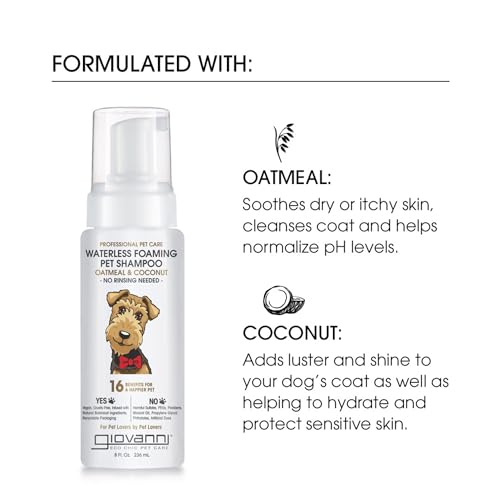 GIOVANNI Professional Foaming Waterless Pet Shampoo - Oatmeal & Coconut Helps Neutralize Odors, Cleanses, Silkens, Controls Static, Freshens Fur - 8 oz (Pack of 2)