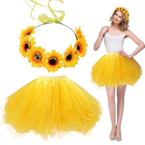 TUONYIS Damen Sonnenblumen Kostüm 2 Stück Tutu Tüllrock mit Sonnenblumen Haarreif Petticoat Multi-SchichtenVintage Ballet Blase Firt Tulle Puffy Tutu für Damen Mädchen (Gelb)