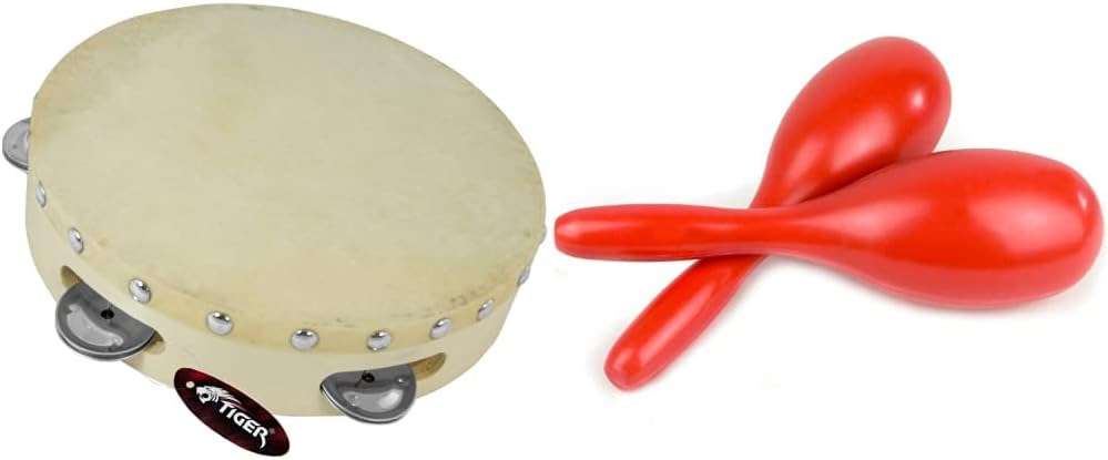 TIGER TAM91-08 8" (20cm) Wooden Tambourine Single Row Natural & MAR49-RD Full Size Plastic Maracas - Red - One Pair