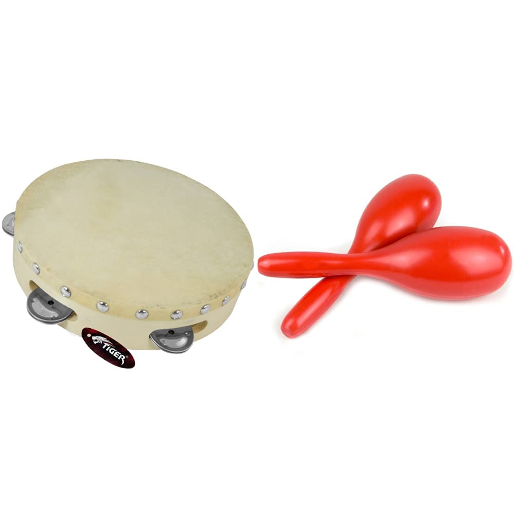 TIGER TAM91-08 8" (20cm) Wooden Tambourine Single Row Natural & MAR49-RD Full Size Plastic Maracas - Red - One Pair