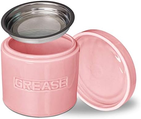 Bacon Grease Oil Container Storage Can Keeper w/Stainless Strainer Paleo Keto Pour Spout Ceramic Porcelain Stoneware Fat Separator Filter Multiple Colors PINK