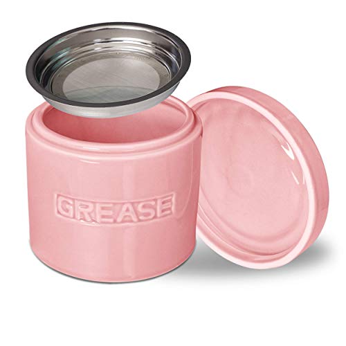 Bacon Grease Oil Container Storage Can Keeper W/Stainless Strainer Paleo Keto Pour Spout Ceramic Porcelain Stoneware Fat Separator Filter Multiple Colors Pink #TOP9