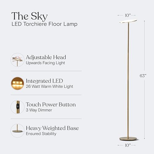 Image of Brightech Sky LED Floor lamp, Torchiere Super Bright Floor Lamp for Living Room Decor & Office - Dimmable, Tall Standing Torch Lamp with Warm Light for Bedroom & Reading - Gold Brass